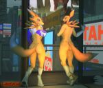 3d_(artwork) butt canid canine digimon digimon_(species) digital_media_(artwork) duo female fox looking_at_viewer looking_back lordzbacon mammal nude renamon tails_(disambiguation) taomon 