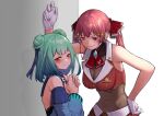  2girls bangs bare_shoulders blush covered_navel crop_top detached_sleeves double_bun eyebrows_visible_through_hair gloves green_hair hair_ornament hair_ribbon heterochromia highres hololive houshou_marine jacket long_hair looking_at_viewer midriff mikan_(chipstar182) multiple_girls red_eyes red_hair red_jacket red_ribbon ribbon short_hair skull_hair_ornament sleeveless smile twintails uruha_rushia virtual_youtuber wall_slam yellow_eyes yuri 