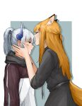  2girls absurdres animal_ear_fluff animal_ears arknights auxinouskii black_neckwear brown_eyes dragon_horns english_commentary forehead_kiss fox_ears fox_girl fox_tail franka_(arknights) grey_background grey_scarf hands_on_another&#039;s_face highres horns kiss light_blush liskarm_(arknights) long_hair multiple_girls necktie orange_hair ponytail scarf shadow sidelocks silver_hair sweater tail tail_through_clothes two-tone_background white_background yuri 