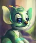  2020 alien antennae_(anatomy) arm_markings blue_eyes bonnie_(lilo_and_stitch) brown_nose crees_art cute_fangs disney experiment_(lilo_and_stitch) fur green_body green_fur head_tuft leg_markings lilo_and_stitch looking_aside looking_at_viewer markings multicolored_antennae no_sclera shaded signature small_tail soft_shading solo tuft 