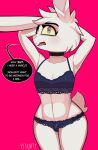  2021 anthro biped bra buckteeth bulge choker clothed clothing crossdressing dialogue english_text flaccid fur genital_outline genitals girly grey_eyes hands_behind_head hi_res jewelry lagomorph leporid male mammal midriff necklace panties penis penis_outline pink_background rabbit scut_tail simple_background skimpy small_waist solo speech_bubble teeth texi_(yitexity) text thick_thighs underwear white_body white_fur wide_hips yellow_sclera yitexity 
