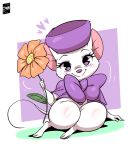  2021 3_toes 4_fingers anthro clothing digital_media_(artwork) disney don_bluth eyelashes feet female fingers flower fur hat headgear headwear hi_res holding_flower holding_object joaoppereiraus looking_at_viewer mammal miss_bianca_(the_rescuers) mouse murid murine plant purple_eyes rodent signature smile solo the_rescuers_(disney) thick_thighs toes white_body white_fur 