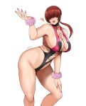  1girl adapted_costume breasts cleavage cross-laced_clothes hair_over_eyes hand_on_leg heart highleg large_breasts leaning_forward leotard ponytail red_hair scrunchie shermie_(kof) shibusun smile solo the_king_of_fighters wrist_scrunchie 