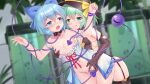  2girls :q black_gloves blue_bow blue_eyes blue_hair blurry blurry_background blush bow breasts censored cirno clothing_cutout commentary_request elbow_gloves eyeball furrowed_eyebrows garter_straps gloves groping hair_bow hands_up hat heart_cutout highres komeiji_koishi leaning_forward looking_at_another mosaic_censoring multiple_girls outdoors planet short_hair small_breasts thighhighs third_eye tongue tongue_out touhou yangshangshu yellow_bow yuri 