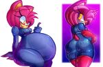  2016 after_vore amy_rose anthro belly better_version_at_source big_belly bleeding-fingertips bodysuit breasts butt clothing duo eulipotyphlan female hair hedgehog hi_res male mammal miles_prower overweight pink_hair simple_background skinsuit sonic_the_hedgehog_(series) thick_thighs tight_clothing vore wankerscramp yellow_eyes 