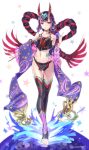  1girl bare_shoulders black_legwear collarbone fate/grand_order fate_(series) full_body groin hair_ornament highres horns looking_at_viewer makeup mascara midriff navel null_(chronix) oni_horns open_mouth purple_eyes purple_hair shiny shiny_hair short_hair shuten_douji_(fate) shuten_douji_(halloween_caster)_(fate) skin-covered_horns solo standing stomach thigh_gap thighhighs twitter_username white_background 
