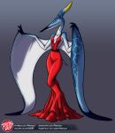  anthro backless_dress blue_body blue_scales breasts claws cleavage clothed clothing curvy_figure dress female gown gradient_background hi_res non-mammal_breasts predaguy pteranodon pteranodontid pterosaur reptile scales scalie simple_background skinny solo text url white_body white_scales winged_arms wings yellow_eyes 