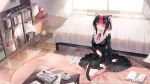  animal animal_ears bed black_hair book cat catgirl dress drink paper sannio 
