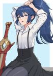  1girl alternate_costume alternate_hairstyle blue_eyes blue_hair blush earrings falchion_(fire_emblem) fire_emblem fire_emblem_awakening gonzarez highres jewelry long_hair looking_at_viewer lucina_(fire_emblem) open_mouth pantyhose ponytail school_uniform shirt skirt solo suspenders sword tying_hair weapon 
