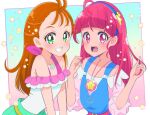  2girls ahoge bare_shoulders blue_hairband clenched_teeth commentary_request eyebrows_visible_through_hair green_eyes hair_down hairband hoshina_hikaru jewelry juugoya_neko long_hair looking_at_viewer multiple_girls natsuumi_manatsu necklace open_mouth orange_hair pink_eyes pink_hair precure smile star_twinkle_precure teeth thick_eyebrows tropical-rouge!_precure 