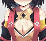  1girl black_hair blush breasts cleavage cleavage_cutout clothing_cutout commentary_request detached_sleeves focused kitasan_black long_sleeves looking_at_viewer medium_breasts short_hair simple_background solo uesugi_shingo_(gurasan_buutsu) umamusume white_background 