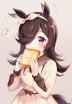  1girl animal_ears bangs black_hair blush brown_background brown_dress brown_ribbon butter commentary_request cowboy_shot dress ear_wiggle eating food food_in_mouth hair_over_one_eye hair_ribbon hazuki_(sutasuta) highres holding holding_food horse_ears horse_girl horse_tail long_hair long_sleeves looking_at_viewer musical_note purple_eyes ribbon rice_shower_(umamusume) solo spoken_musical_note tail tail_wagging toast umamusume 