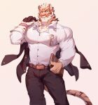  1boy absurdres alternate_costume animal_ears bara black_pants book bulge eyewear_removed feet_out_of_frame formal furry highres holding holding_book kepler_(1825073996) large_pectorals looking_at_viewer male_cleavage male_focus muscular muscular_male nekojishi pants partially_unbuttoned pectorals shirt short_hair solo tail thighs tiger_boy tiger_ears tiger_tail white_shirt 
