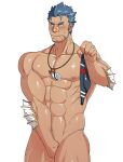  1boy abs asutarou bara beard black_male_swimwear blue_hair blush completely_nude covering covering_crotch cowboy_shot facial_hair fins fish_boy groin large_pectorals long_sideburns male_focus male_swimwear mature_male muscular muscular_male nipples nude pectorals shell_necklace short_hair sideburns solo stomach stubble sweatdrop swim_briefs swimwear thick_thighs thighs tokyo_houkago_summoners triton_(tokyo_houkago_summoners) 