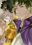  2boys bangs black_hair green_hair haikyuu!! highres jacket keki_chogyegi looking_at_viewer looking_away male_focus mask mask_pull mouth_mask multiple_boys open_clothes open_jacket profile sakusa_kiyoomi short_hair simple_background upper_body ushijima_wakatoshi yellow_eyes 