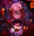  1girl black_nails brown_hair bug butterfly chinese_clothes eyelashes flower genshin_impact ghost glaring highres horror_(theme) hu_tao insect long_hair looking_at_viewer min_miyamoto nail_polish open_mouth red_eyes sharp_teeth smile solo teeth twintails 