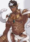  1boy abs alternate_facial_hair arm_tattoo armlet asutarou bara bare_pectorals beard brown_hair bulge collar dark_skin dark_skinned_male facial_hair jewelry loincloth long_sideburns male_focus mature_male multicolored_hair muscular muscular_male navel necklace nipples pectorals revealing_clothes short_hair sideburns snake solo spiked_hair stomach stomach_tattoo stubble tangaroa tattoo thick_thighs thighs tokyo_houkago_summoners tooth_necklace tribal_tattoo two-tone_hair white_hair white_male_underwear white_snake yellow_eyes 