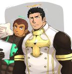  2boys angel angel_wings bara black_bodysuit black_hair blush bodysuit character_request covered_abs dark_skin dark_skinned_male facial_hair feet_out_of_frame frown halo highres hip_vent holding holding_paper large_pectorals looking_at_viewer male_focus mature_male msk_hsm multiple_boys muscular muscular_male paper pectorals short_hair sideburns stubble tokyo_houkago_summoners upper_body wings zabaniya_(tokyo_houkago_summoners) 