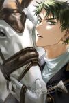  1boy bangs dated gloves green_eyes green_hair haikyuu!! happy_birthday horse keki_chogyegi looking_at_viewer male_focus open_mouth short_hair solo sweat turtleneck upper_body ushijima_wakatoshi white_gloves 