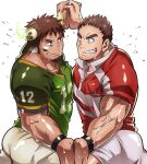  2boys absurdres american_football american_football_uniform animal_ears ass bara brown_eyes brown_hair couple cow_boy cow_ears cow_horns cowboy_shot dark_skin dark_skinned_male eye_contact facial_hair fiery_horns forked_eyebrows glowing_horns goatee green_shirt grin gunzo_(tokyo_houkago_summoners) highres holding_hands horns large_pectorals looking_at_another male_focus multiple_boys muscular muscular_male pectoral_docking pectoral_press pectorals red_shirt rugby rugby_uniform sekigan_no_samurai_(gatu_1221) shirt short_hair short_sleeves shorts sideburns smile spiked_hair sportswear stubble sweat thick_eyebrows tight tight_shirt tokyo_houkago_summoners veins wakan_tanka white_shorts yaoi 