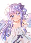  1girl :d ahoge angel_wings arms_behind_back azur_lane bangs collarbone commentary_request dress eyebrows_visible_through_hair fang_huu_(funfox) hair_bun long_hair looking_at_viewer one_side_up open_mouth purple_eyes purple_hair side_bun sidelocks simple_background smile solo unicorn_(azur_lane) white_background white_dress wings 