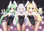  3girls absurdres alternate_costume animal_ears azur_lane black_leotard blonde_hair blue_neckwear bow bowtie braid braided_bun breasts brown_legwear bunny_ears bunny_tail cleavage closed_eyes comet_(azur_lane) covered_navel crescent_(azur_lane) cygnet_(azur_lane) detached_collar drink fake_animal_ears fake_tail glasses green_hair hair_bun hair_ornament highres holding holding_hands holding_tray huge_filesize kinomiki_(tales22) large_breasts leotard light long_hair medium_breasts multiple_girls neck_ribbon necktie open_mouth pantyhose playboy_bunny purple_neckwear red_eyes red_neckwear ribbon siblings sisters small_breasts smile strapless strapless_leotard tail tray twintails two_side_up white_hair wing_collar wrist_cuffs 