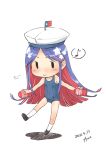  1girl absurdres artist_name blue_hair blue_swimsuit chibi cosplay dated dress eighth_note fairy_(kancolle) flag full_body fyuo hat highres kantai_collection long_hair multicolored_hair musical_note red_hair sailor_hat school_swimsuit solo south_dakota_(kancolle) spoken_musical_note standing star_(symbol) swimsuit tenga white_hair white_headwear 