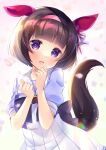  1girl :d animal_ears bangs black_hair blurry blurry_foreground commentary_request depth_of_field eyebrows_visible_through_hair hair_ornament hairband hairclip hands_up head_tilt highres horse_ears horse_girl horse_tail ko_yu looking_at_viewer nishino_flower_(umamusume) open_mouth pink_hairband pleated_skirt puffy_short_sleeves puffy_sleeves purple_eyes purple_shirt school_uniform shirt short_hair short_sleeves skirt smile solo tail tracen_school_uniform umamusume white_skirt x_hair_ornament 