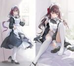  1girl alternate_costume apron between_legs black_dress black_footwear brown_hair commentary_request dress dress_lift enmaided footwear_removed full_body girls_frontline guernical hair_ribbon hand_between_legs high_heels indoors knee_up legs lifted_by_self loafers long_hair long_sleeves looking_at_viewer maid maid_apron maid_headdress multiple_views no_shoes panties red_eyes red_ribbon ribbon shoes single_shoe standing thighhighs underwear wa2000_(girls_frontline) white_apron white_legwear white_panties 