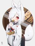  1girl :o animal_ear_fluff animal_ears bangs bike_shorts black_shorts blurry blurry_background blush commentary_request depth_of_field eyebrows_visible_through_hair food fox_ears fox_girl fox_tail hair_over_one_eye hand_up highres holding holding_food japanese_clothes kimono kuro_kosyou long_sleeves looking_at_viewer obi open_clothes open_mouth original red_eyes sash short_eyebrows short_shorts shorts solo tail takoyaki thick_eyebrows white_kimono wide_sleeves 
