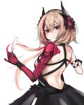  1girl absurdres back bangs black_dress blonde_hair closed_mouth cup dress eyebrows_visible_through_hair flower girls_frontline glass hair_flower hair_ornament highres holding holding_cup long_hair looking_at_viewer loveu m4_sopmod_ii_(girls_frontline) mechanical_arms multicolored_hair red_eyes scar single_mechanical_arm smile solo white_background 