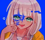  1girl :p ameko53133 bangs blue_background collarbone danganronpa_(series) danganronpa_v3:_killing_harmony eyebrows_visible_through_hair face green_eyes hand_up heart jacket jewelry looking_at_viewer necklace orange_jacket paint_on_face shell_necklace solo tongue tongue_out upper_body yonaga_angie 