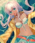  1girl :d aqua_eyes bangs bikini bikini_top blunt_bangs breasts collarbone commentary_request danganronpa_(series) danganronpa_v3:_killing_harmony dark_skin eyebrows_visible_through_hair frilled_bikini frilled_skirt frills front-tie_top ganguro highres jacket jewelry kozomezuki long_hair looking_at_viewer low_twintails lying navel necklace on_back open_clothes open_jacket open_mouth ribbon shell_necklace silver_hair skirt smile solo stomach swimsuit twintails yellow_jacket yonaga_angie 