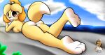  animal_crossing anthro breasts bush_(disambiguation) butt canid canine canis cjweasle digital_media_(artwork) domestic_dog female fur hair hi_res isabelle_(animal_crossing) lying mammal nintendo nude on_front outside rock seaside shih_tzu sky solo toy_dog video_games water yellow_body yellow_fur 