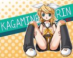  blonde_hair blue_eyes flat_chest harukigenia kagamine_rin no_panties open_fly pussy_peek short_hair socks solo spread_legs unzipped vocaloid 