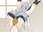  arms_up blue_skin breasts dark_elf dark_elf_(lineage_2) detached_sleeves elf grey_eyes large_breasts leotard lineage lineage_2 long_hair nipples non-web_source oso_(oso) pointy_ears silver_hair solo wardrobe_malfunction window 