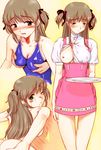  anna_miller apron azusagawa_tsukino bare_shoulders blush breast_grab breast_slip breasts brown_hair grabbing green_eyes hair_ribbon hechi long_hair looking_back medium_breasts nude one-piece_swimsuit one_breast_out open_clothes open_shirt ribbon shirt swimsuit tray two_side_up waitress yakitate!!_japan 