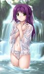  1girl akai_ibara areola areolae blush breasts cameltoe covering crossed_arms flat_chest fundoshi hair_ribbon long_hair mole navel nipples no_bra open_clothes open_shirt outdoors puffy_nipples purple_hair pussy ribbon see-through shinazu_fujimi shirt solo wading water waterfall wet wet_clothes yellow_eyes zundarepon 