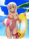  1girl ball beach beachball bikini blush breasts cloud dark_skin erect_nipples highres innertube long_hair nude original palm_tree pussy shimakaze sling_bikini solo swimsuit tree uncensored wet 