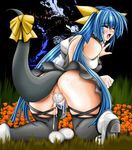  anus ass blue_hair blush bow closed_eyes dizzy egg_laying guilty_gear kneeling long_hair open_mouth pubic_hair pussy_juice solo tail thighhighs tomoya_kankurou twintails uncensored very_long_hair 