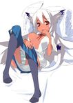  animal_ears breasts cat_ears dark_skin kokage-san kusaka_kokage long_hair medium_breasts nipple_slip nipples original panties red_eyes solo striped striped_panties tail thighhighs underwear white_hair 