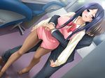  1girl blue_eyes blue_hair blush breasts brown_legwear business_suit chair covered_nipples dutch_angle formal game_cg hug ishikei kirikawa_akino kissx300 large_breasts long_hair miniskirt office_lady open_mouth pantyhose pencil_skirt skirt skirt_set solo_focus suit sweat vest window 