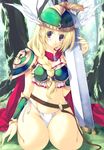  armor bikini_armor blonde_hair blue_eyes blush braid cape forest green_armor hair_over_shoulder head_wings helmet highleg highleg_panties highres iizuki_tasuku long_hair midriff nature navel panties side-tie_panties single_braid sitting sword underwear valkyrie valkyrie_(vnd) valkyrie_no_densetsu weapon white_panties winged_helmet 