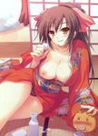 alcohol blush breasts brown_hair copyright_request highres japanese_clothes kimono large_breasts long_hair nipples non-web_source open_clothes open_robe panties ribbon robe sake smile solo tomose_shunsaku underwear 