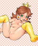  bad_id bad_pixiv_id breasts brown_hair crown earrings green_eyes jewelry kokoni_(kocononi) long_hair looking_at_viewer mario_(series) medium_breasts navel nipples nude open_mouth princess_daisy pussy skindentation smile solo source_request super_mario_bros. thighhighs uncensored 