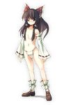  ankle_cuffs blush bow brown_eyes brown_footwear brown_hair collarbone detached_sleeves flat_chest full_body fundoshi hair_bow hair_tubes hakurei_reimu japanese_clothes looking_at_viewer navel one_eye_closed ribbon seo_tatsuya shoes simple_background solo standing topless touhou white_background 