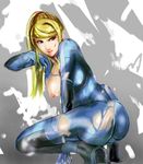  arm_support artist_request blonde_hair blue_eyes bodysuit breasts large_breasts metroid nipples ponytail samus_aran solo squatting torn_clothes zero_suit 