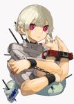  1girl absurdres blue_blood bound bound_wrists chain creature cuffs extra_arms fingernails handcuffs highres long_fingernails looking_at_viewer nail_polish original parted_lips red_eyes shackles solo stake white_background white_hair yuyu_ekaki_dayo 