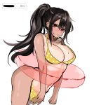  1girl absurdres bare_shoulders bikini black_hair blush breasts c-ms_(girls_frontline) closed_mouth collarbone eyebrows_visible_through_hair girls_frontline hair_ornament hairclip highres large_breasts long_hair looking_at_viewer loveu mole mole_on_breast navel ponytail red_eyes solo swimsuit thighs white_background yellow_bikini 