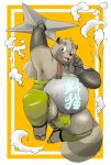  2021 anthro balls_outline belly brown_body brown_fur bulge canid canine clothing footwear fur genital_outline humanoid_hands kemono kiyo male mammal ninja overweight overweight_anthro overweight_male penis_outline raccoon_dog sandals solo tanuki warrior weapon 
